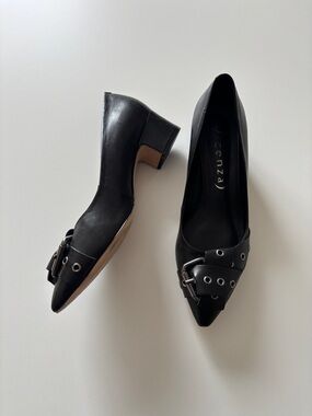 Vicenza Black Leather Pointed Block Heel Pumps with Buckle